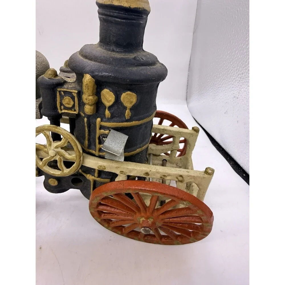 Vintage Cast Iron 3 Horse Drawn Fire Red Wagon Steam Pumper Toy